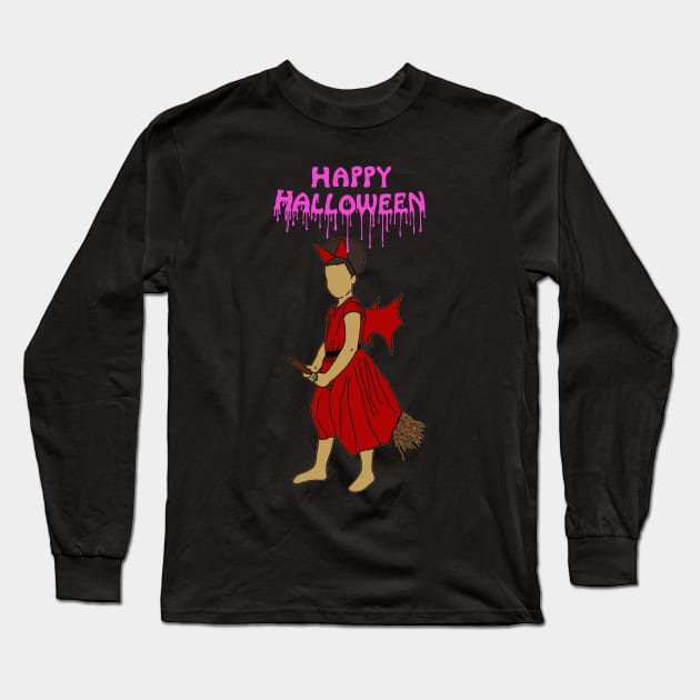 Happy halloween witch on broom pink Long Sleeve T-Shirt by DigillusionStudio